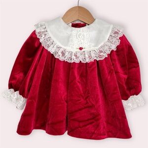 Vintage Pretty as a Picture Christmas dress red velvet with lace collar 12 month